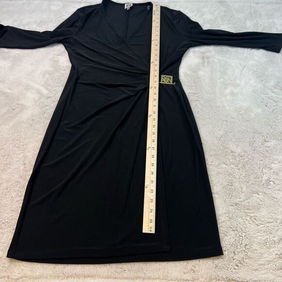 ANNE KLEIN BLACK JERSEY Faux Wrap Drape Sheath Dress Size 10 Deep Vneck Stretchy - Picture 9 of 13